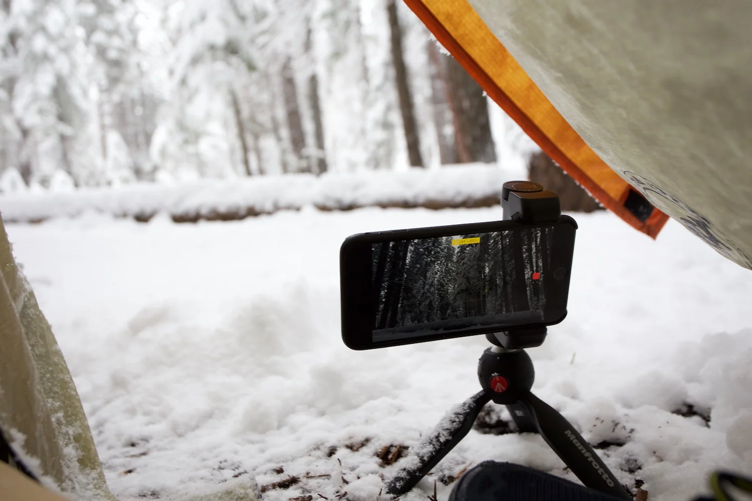 Snow! I woke up around 6am with a foot of snow outside my little backpacking tent.