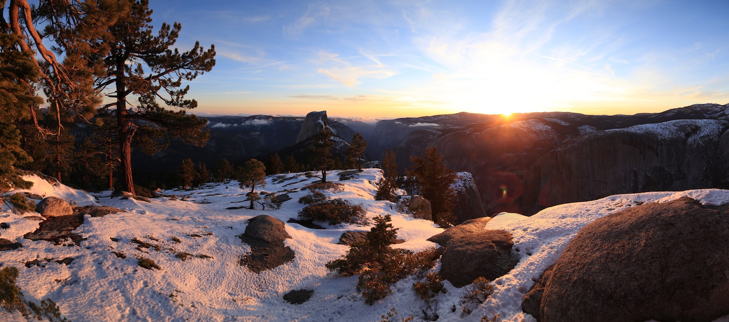 Sunset from Clouds Rest, overlooking Half Dome in Yosemite National Park.