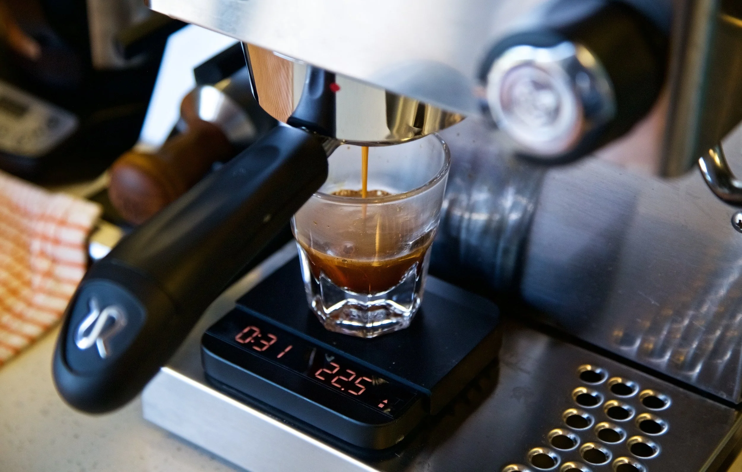 The Acaia Lunar scale measuring the extraction time and weight of espresso for the current pour. This pour is running slower than normal - ultimately reaching 30g in about 35 seconds. The slow pour actually works well for this particular coffee, with the sweetness balancing things out and not being too sour.