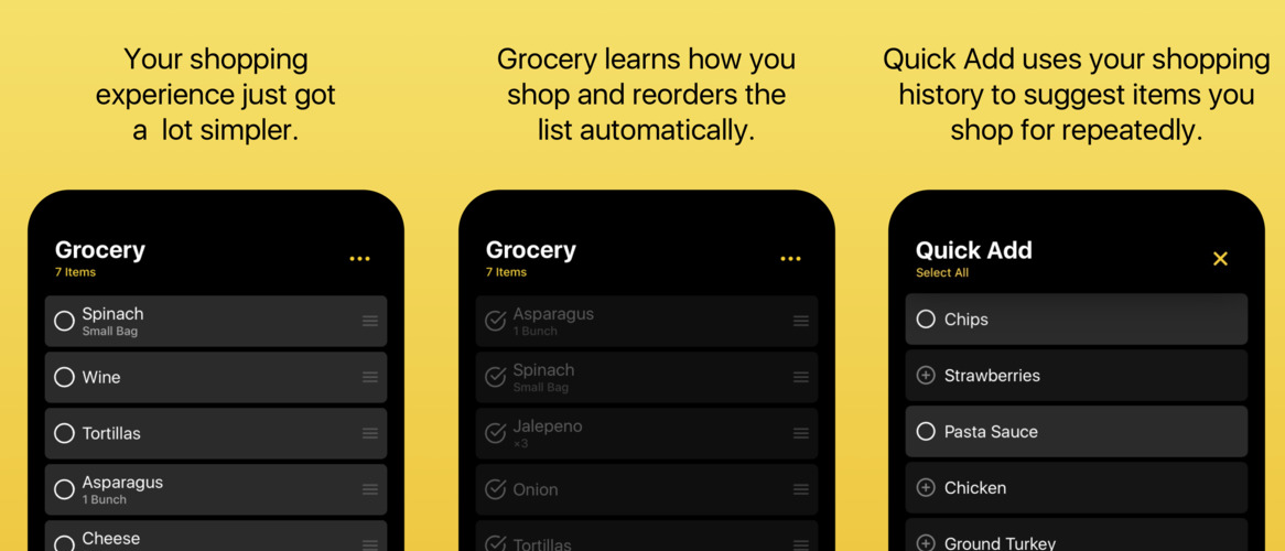 Grocery 1.1 featuring an improved list layout and Quick Add