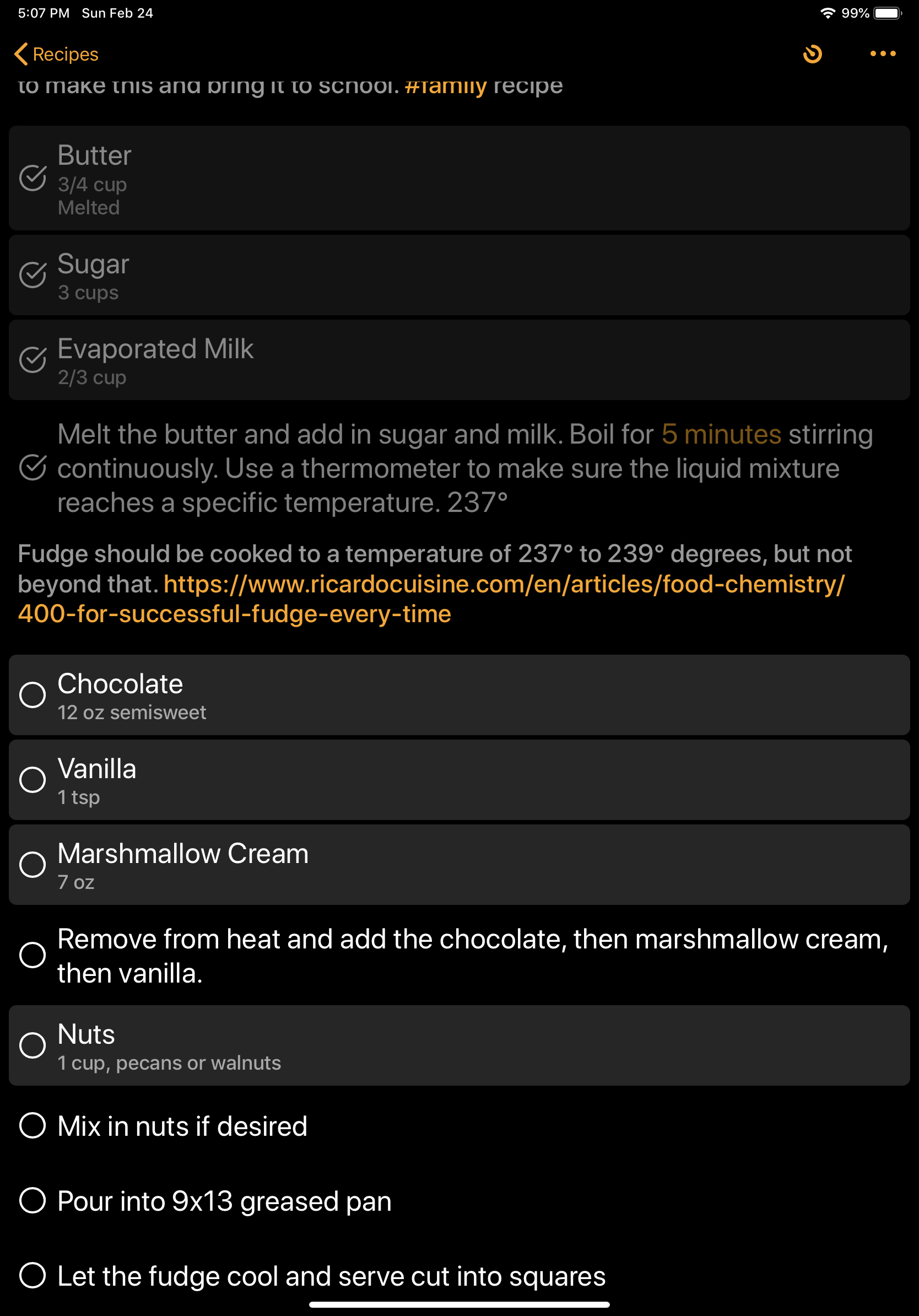 Checked off ingredients and steps for making fudge