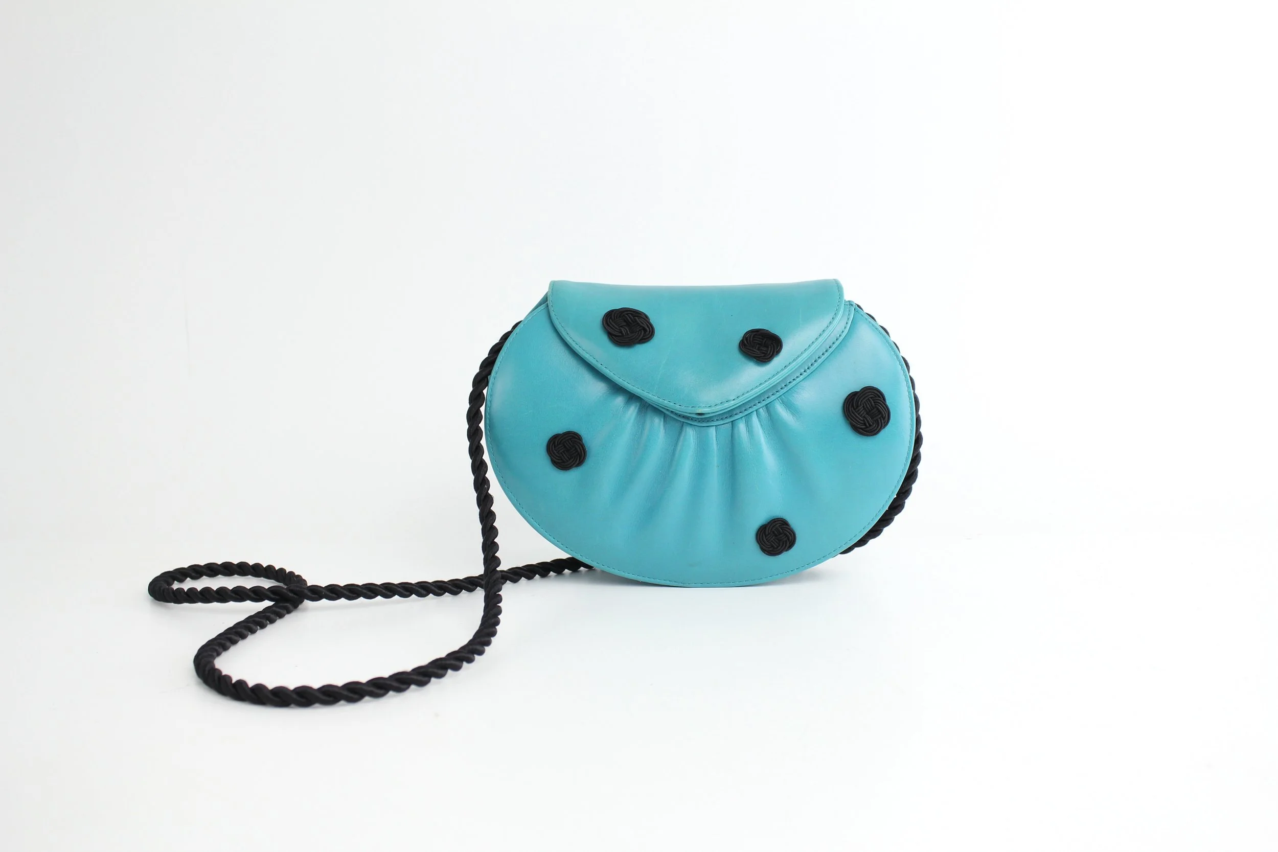 1980s Susan Gail Bellido Teal Blue Leather Purse with Corded Shoulder Strap