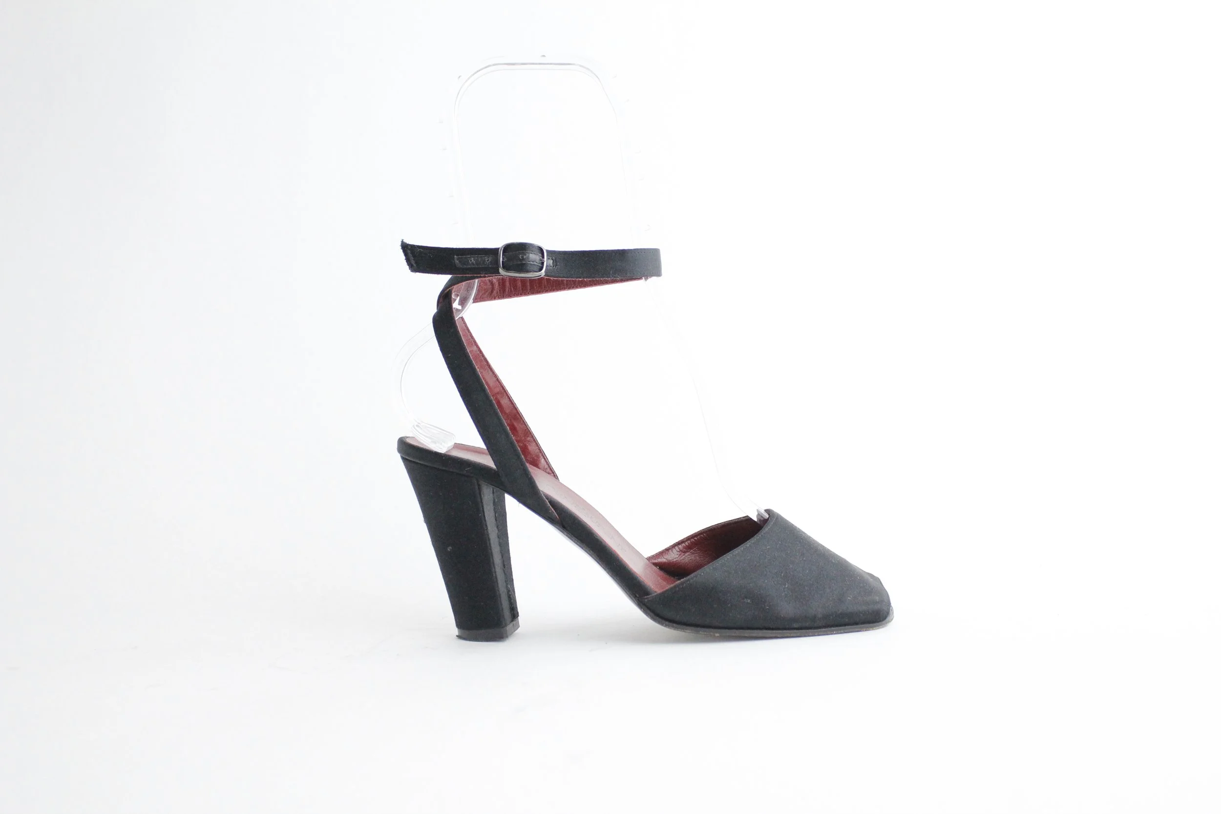 Vintage 1970s Yves Saint Laurent Black Satin Ankle Strap Heels