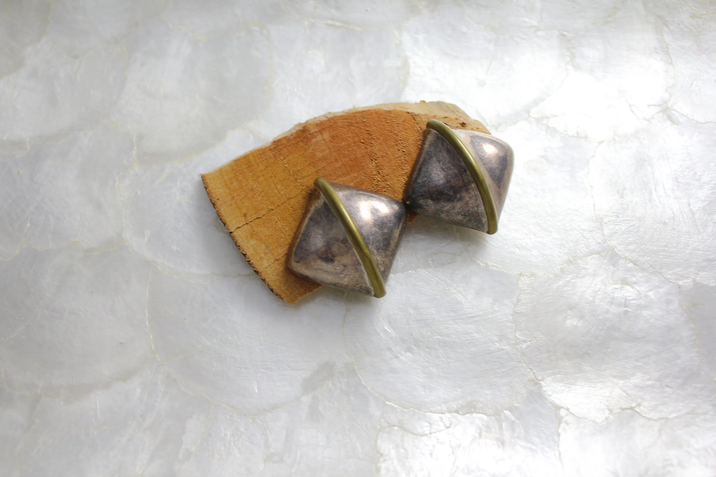 Vintage Laton Mexico Sterling Silver and Brass Chunky Clip-On Earrings