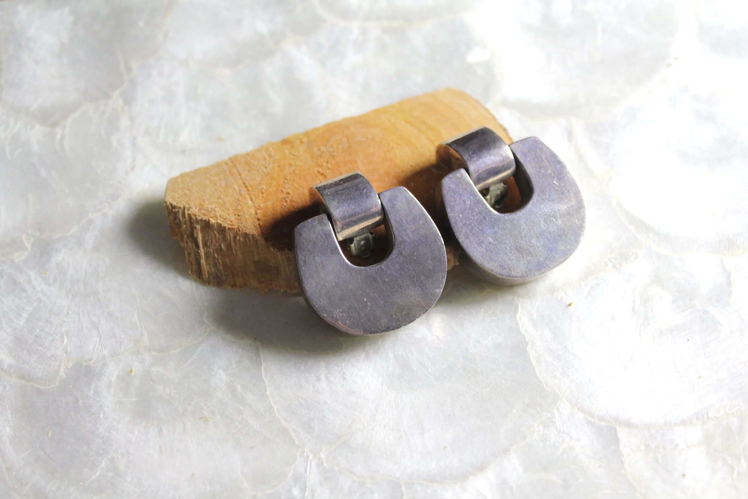 Vintage Mexico Sterling Silver Chunky Clip On Earrings