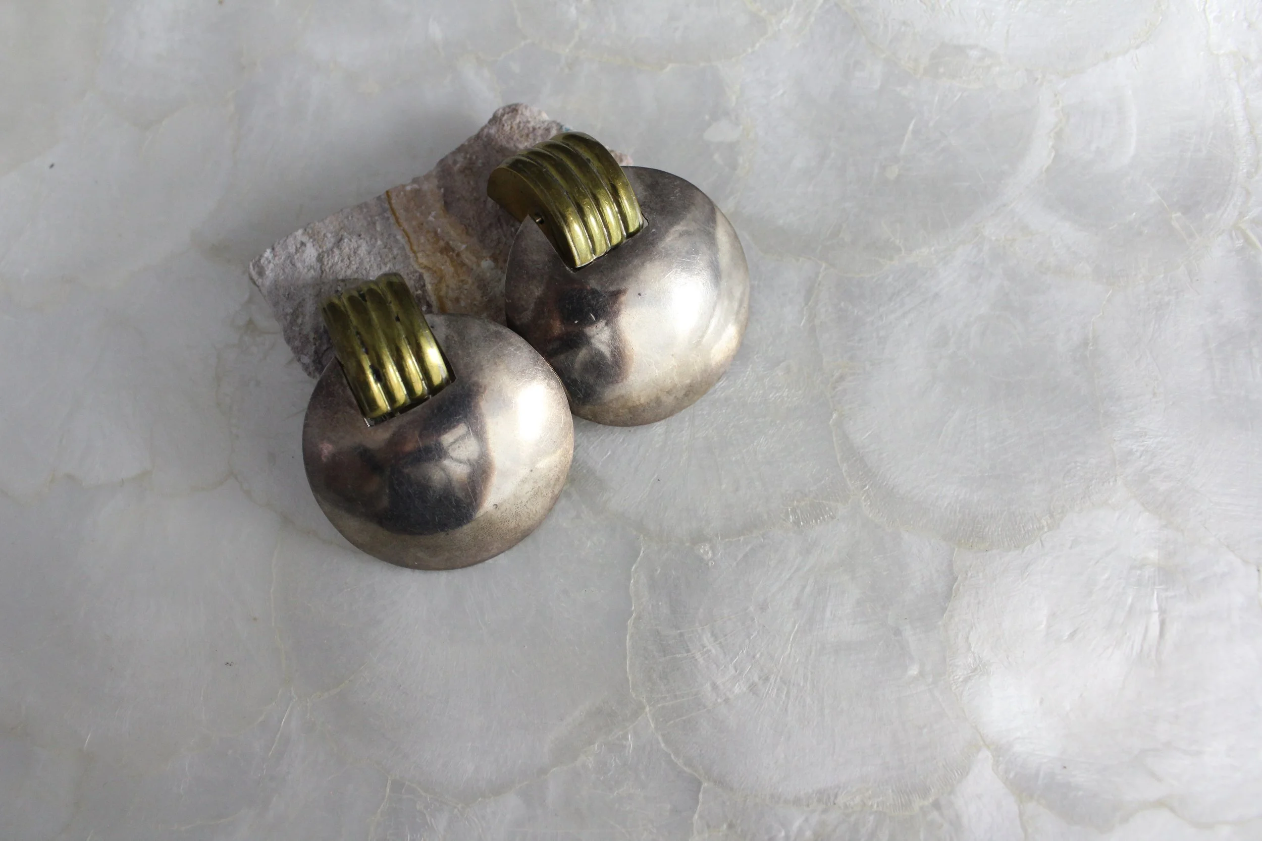 Vintage Mexican Sterling Silver & Brass Modernist Clip-On Earrings