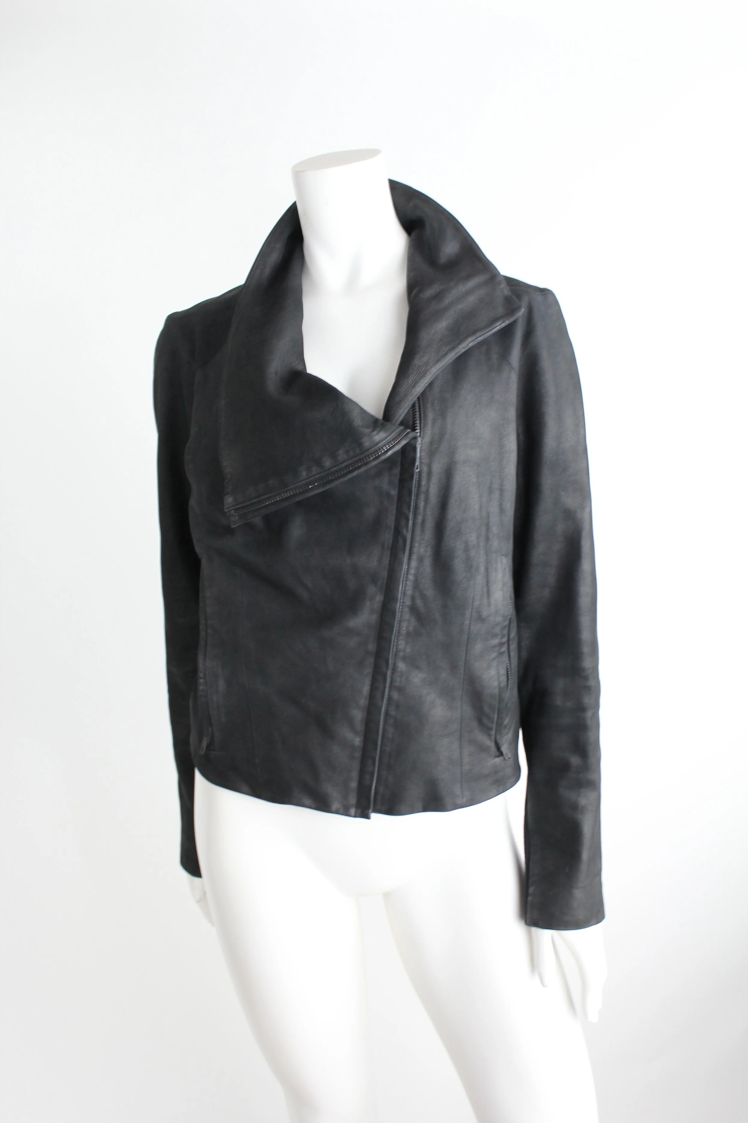 Helmut Lang Asymmetric Draped Collar Matte Black Leather Jacket