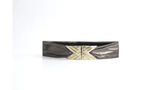 Vintage 1970s Pewter Leather Belt with Geometric Buckle