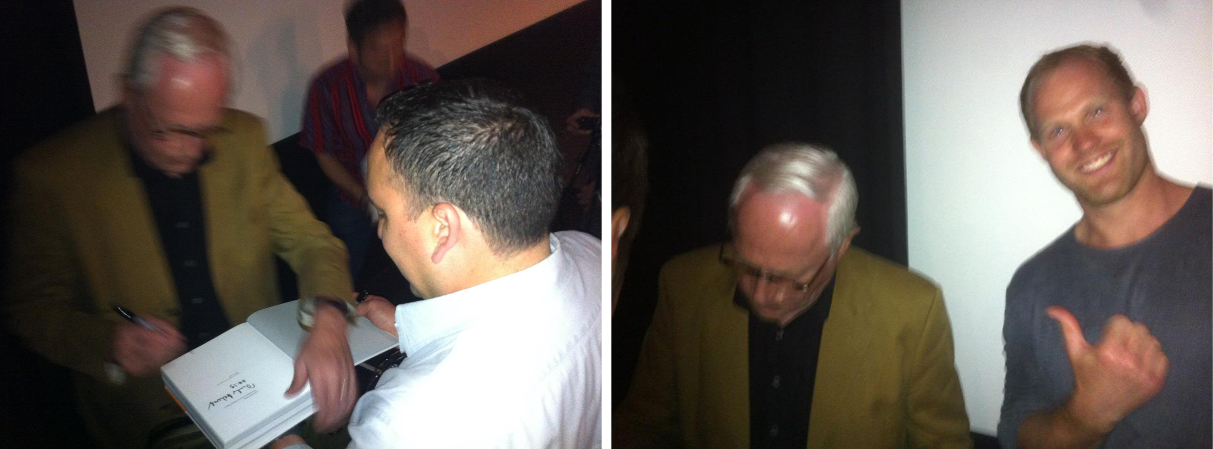 Dieter Rams signing my copy of Less and More (left). My friend Thorben Neu is just hangin' with Dieter. I love this pic (right).