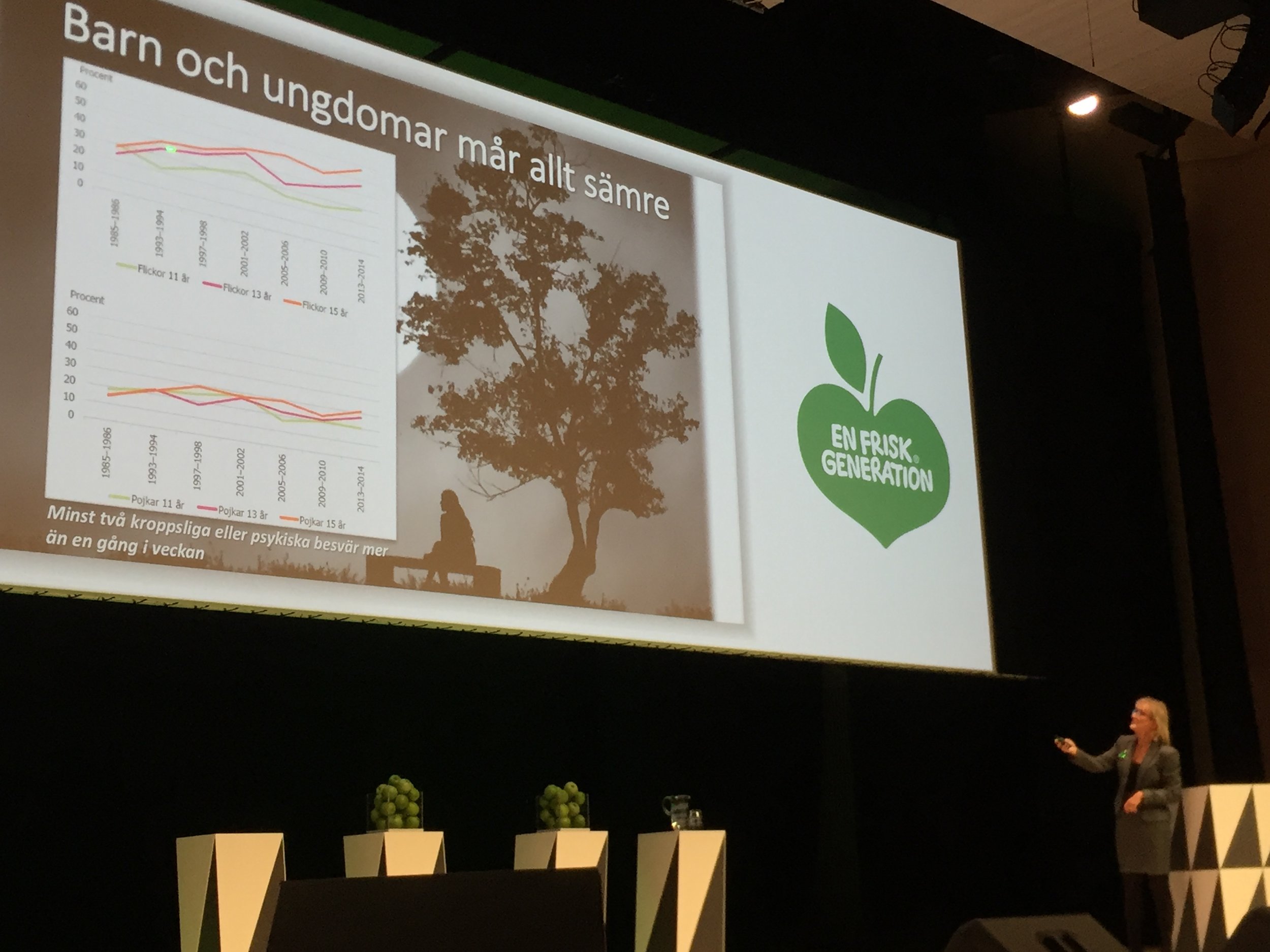 Mai-Lis Hellenius, Livsstilsforskar på KI, strålande med skrämmande rapport om svenskarnas ohälsa. Här på seminariet "Nyckeln till en frisk generation", om hur dåligt unga mår idag. 
