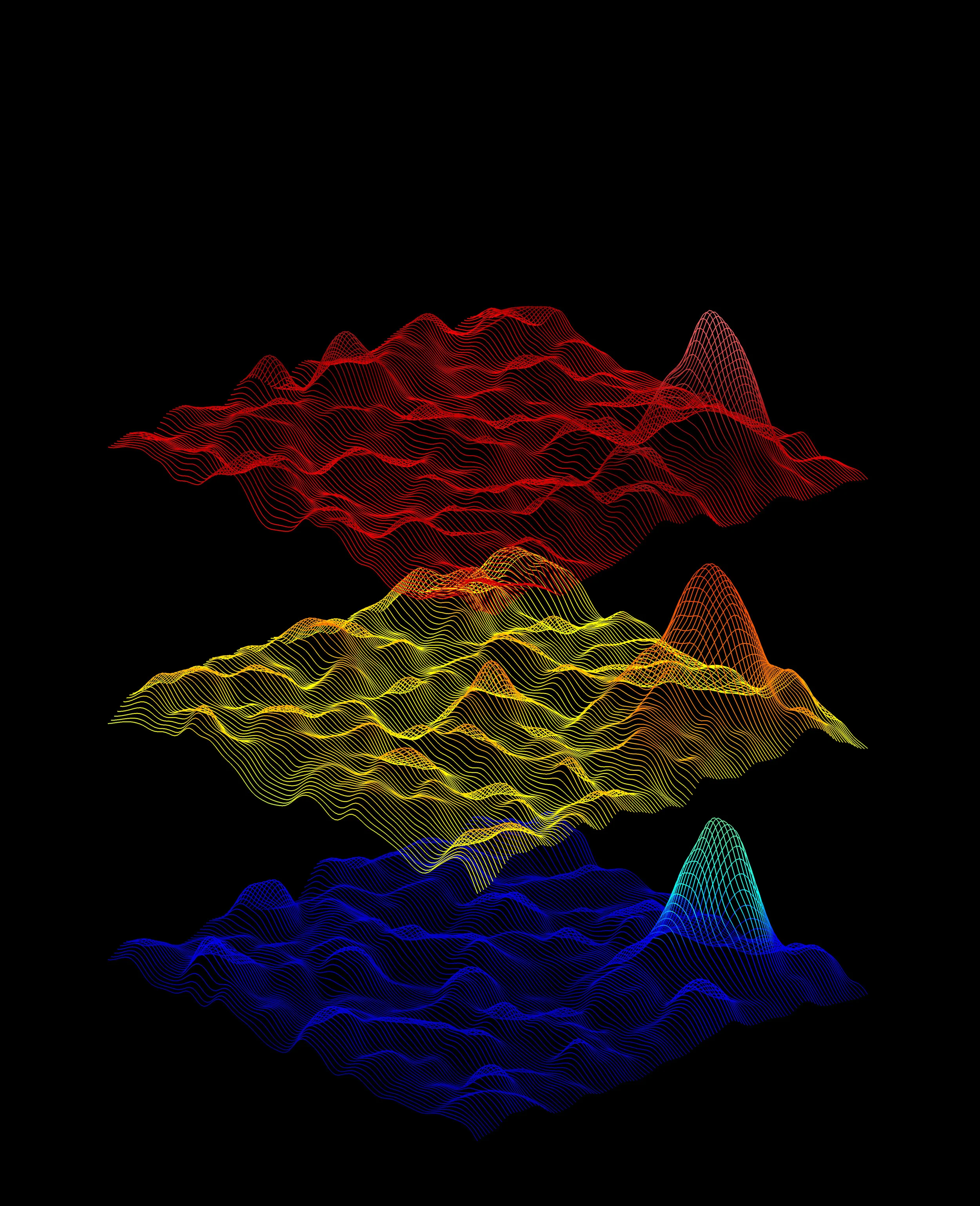 Receptive field subregion maps (X-Y is visual space, height is normalized spike rate) of the receptive field of three neurons in mouse primary visual cortex depicted using 3D meshes. All three neurons share the same receptive field subregion. Such high-resolution receptive field maps reveal shared elementary subunits of receptive fields in mouse visual cortex, suggesting principles for how cortical circuitry is wired to generate a diversity of selectivity, when there are few unique upstream afferents. For further details, please see this paper . 