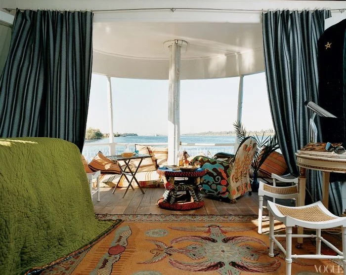 Christian Louboutin's boat on the river Nile. Source Vogue_Bessarabian rug