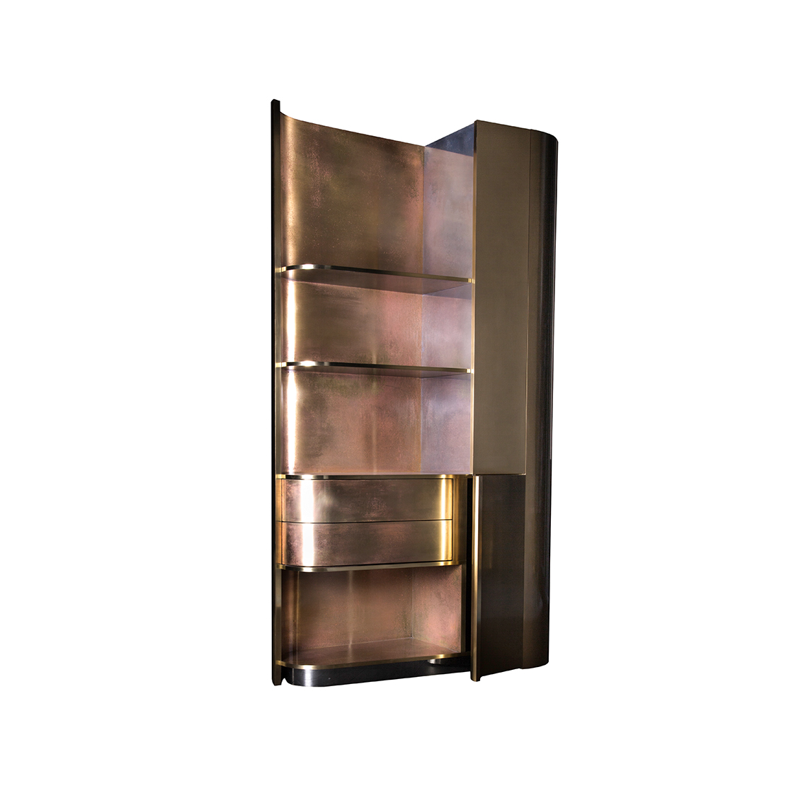 Tall Brass Cabinet with handle applied pink patina//Tall Brass Cabinet avec finition rose patiné à main