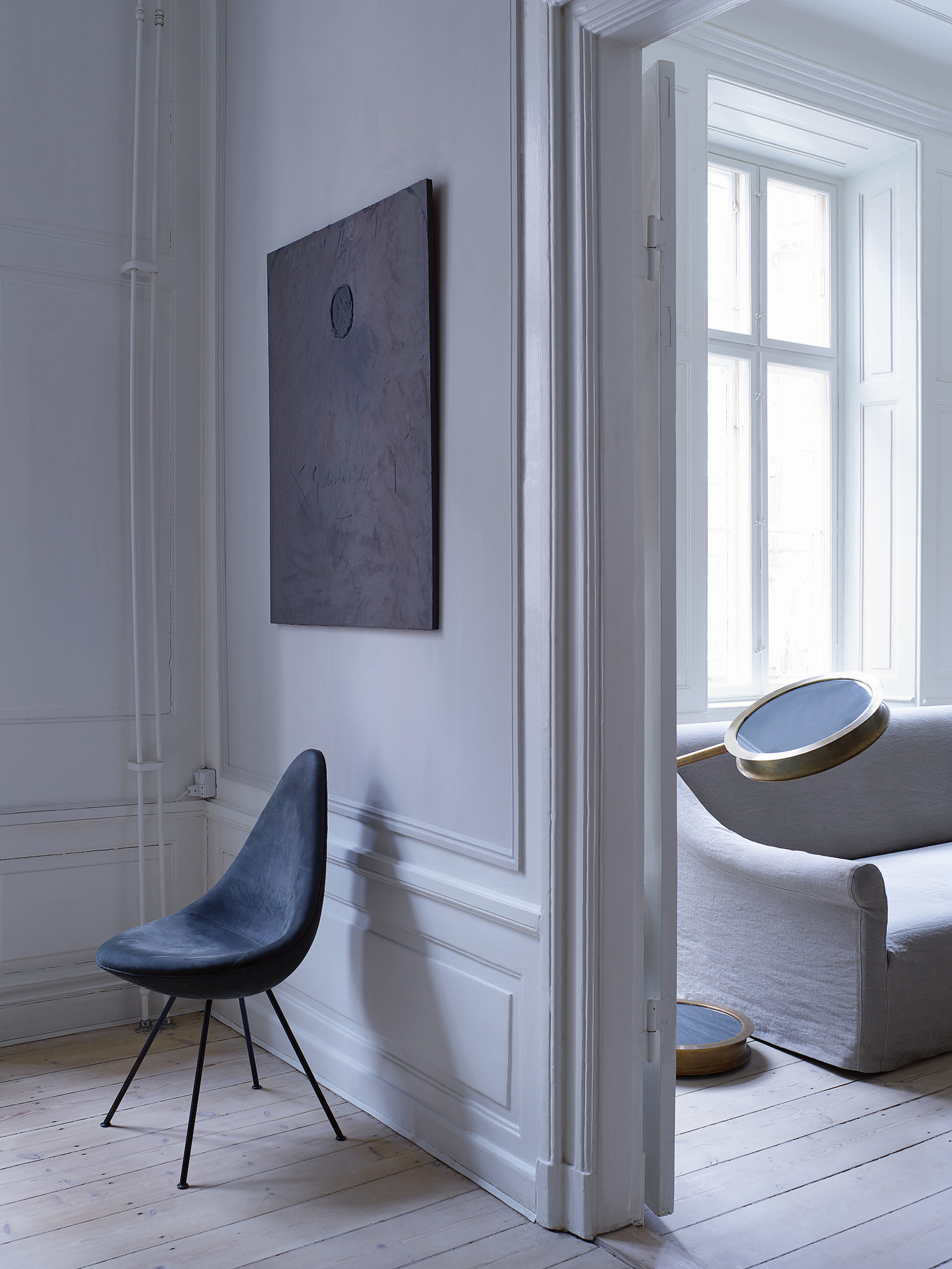 Gustav designed this special edition Arne Jacobsen drop chair in gray nubuck.
