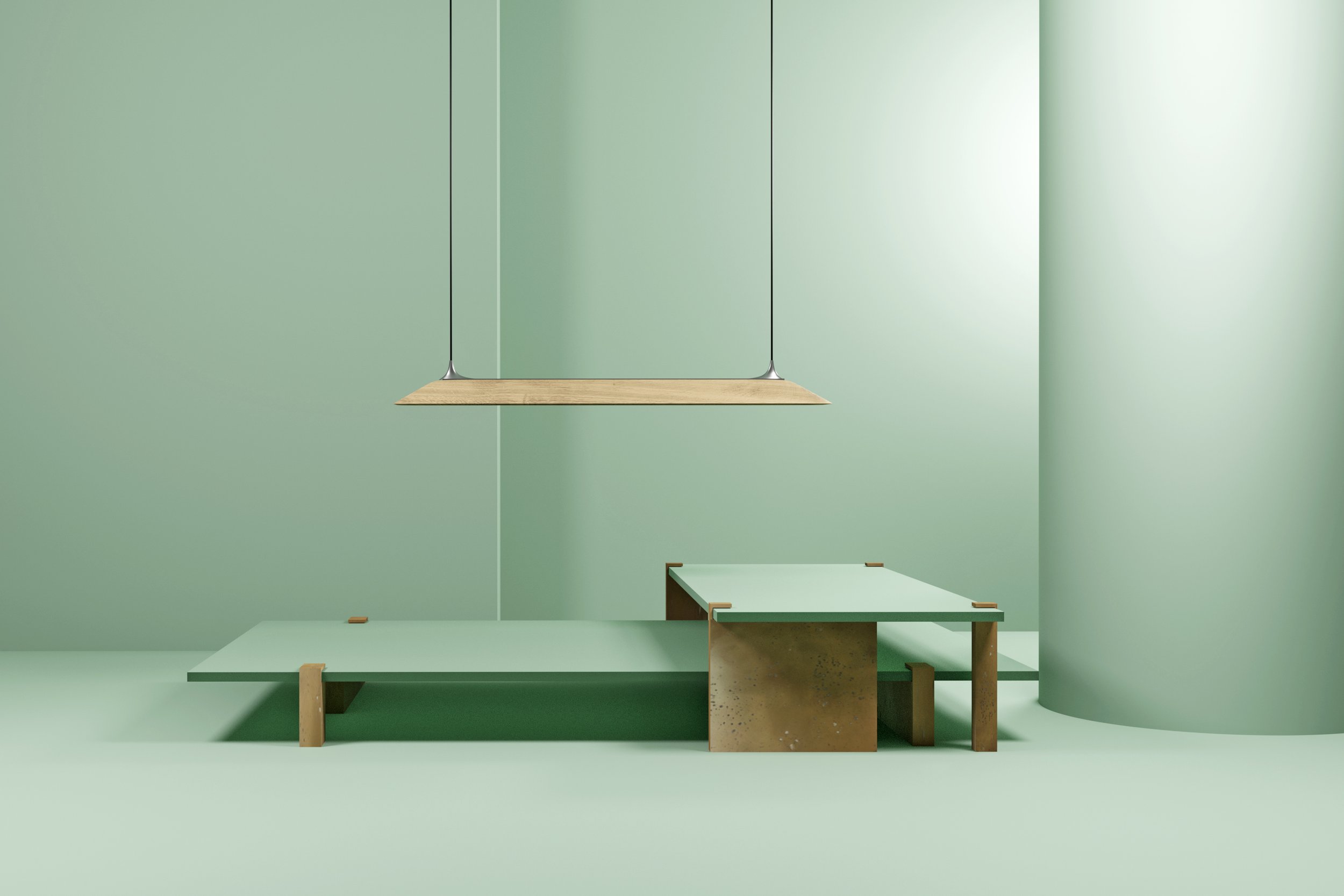  Mernoe NO. 1 suspension lamp in Ash wood and chrome-plated brass hardware. Studio SORS. MILK coffee table in custom green color and patinated brass finish 