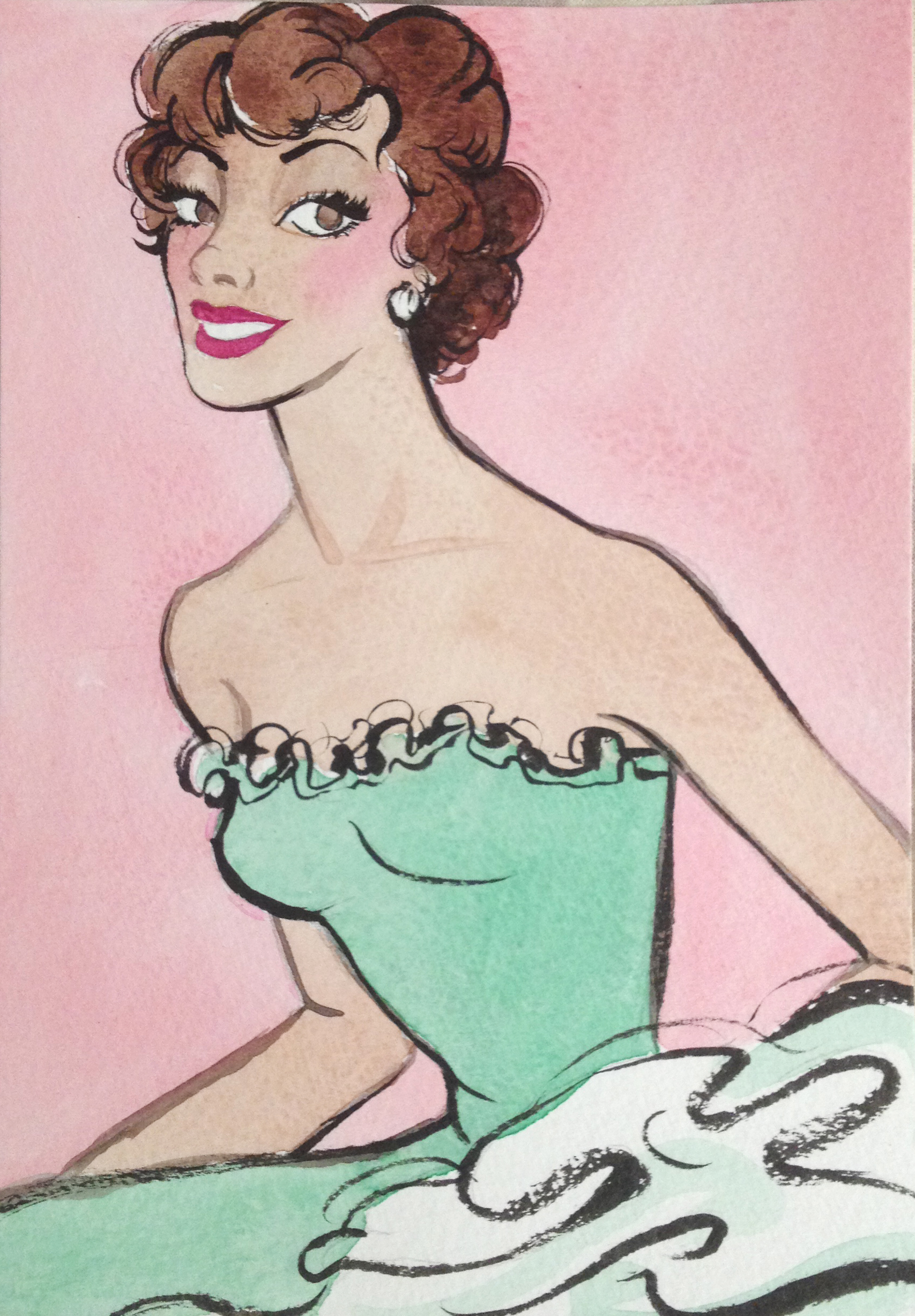 1950s Dorothy Dandridge in the style of Earl Oliver Hurst- Watercolor & Ink 5"x7"