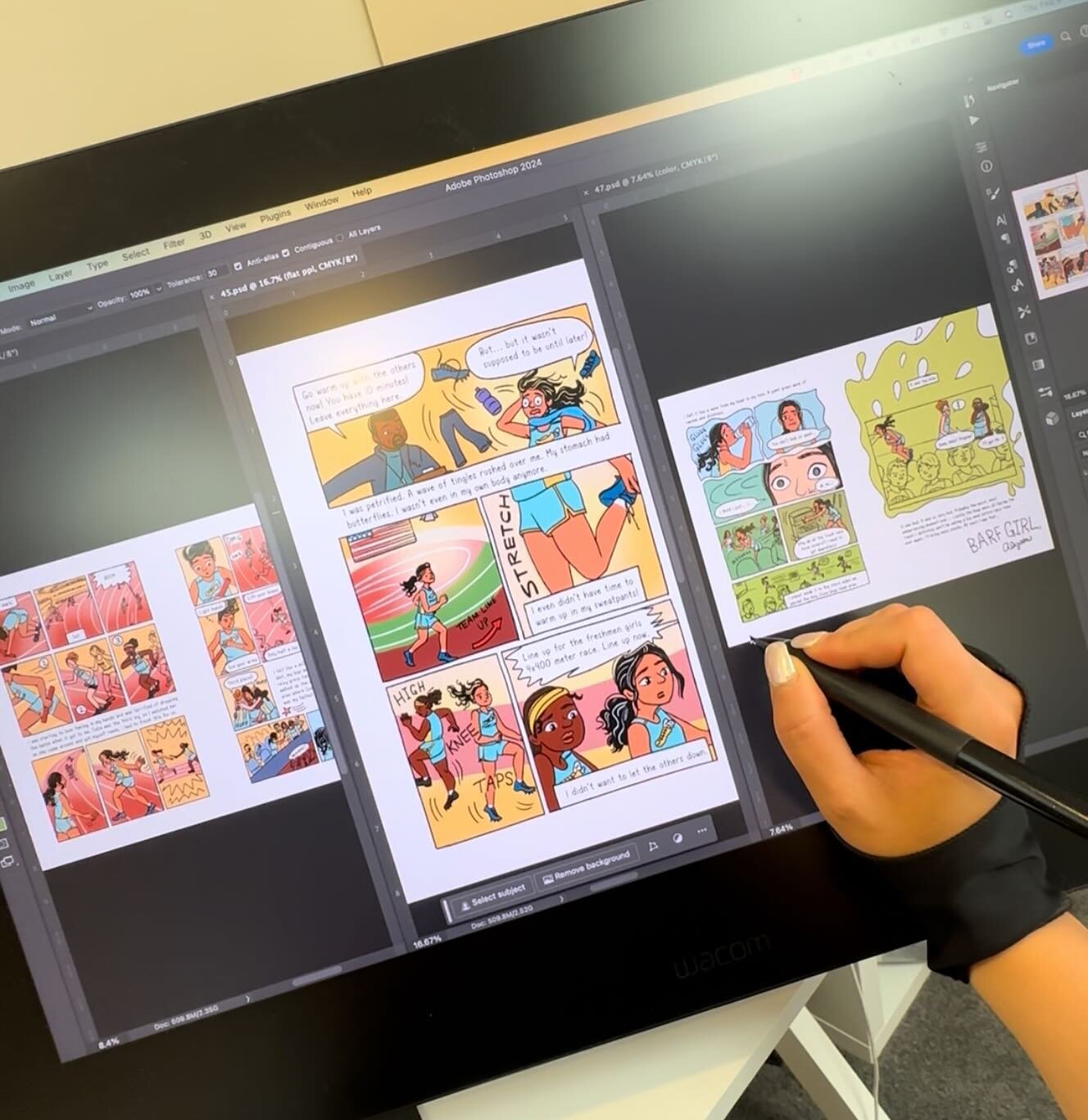 Looking stylish with my two finger drawing glove- it&rsquo;s coloring season! Bringing this book to life in color is so exciting. It feels so real now! Where are my track and field people?! 🏃🏻&zwj;♀️🔂🎨 

#trackandfield #graphicnovels #cintiqpro #