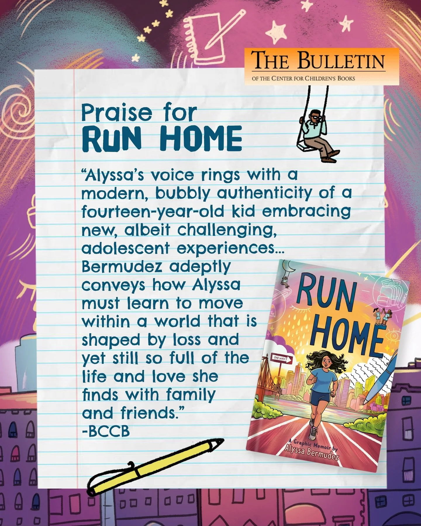 Feeling so grateful and so seen by this beautiful review from the Bulletin of the Center for Children&rsquo;s Books. They captured the heart of Run Home so thoughtfully- the messy, confusing, tender parts of being fourteen and the complexity of growi