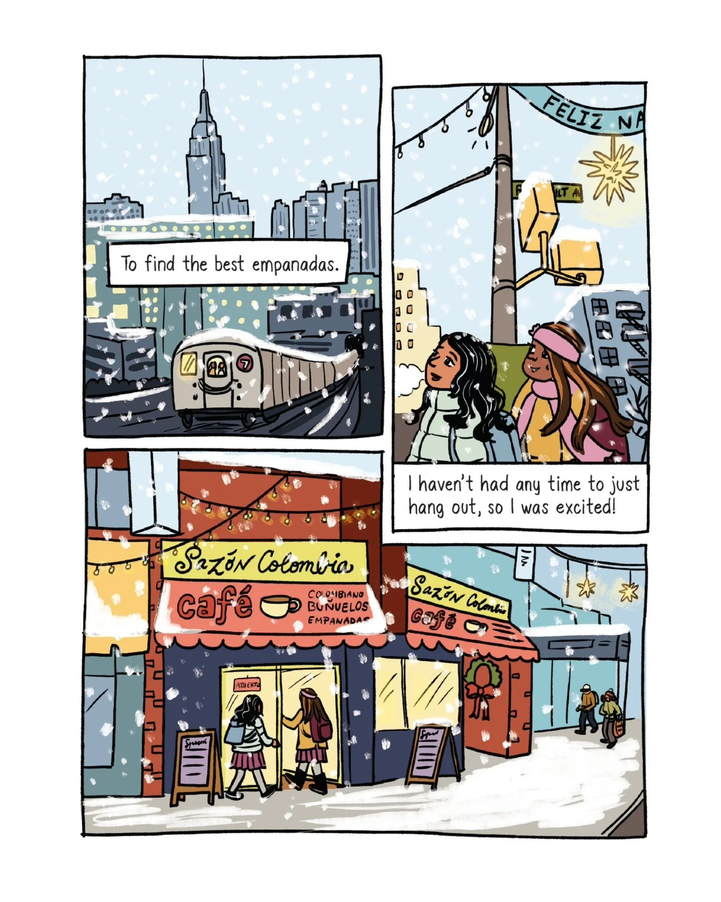 A snowy Jackson Heights moment from Run Home. This scene is one of my favourites in the book because it holds of bunch of those Queens NYC vibes that I miss and love. ❄️

Run Home: A Graphic Memoir debuts next month!

#meanwhileinqueens #queensnyc #r