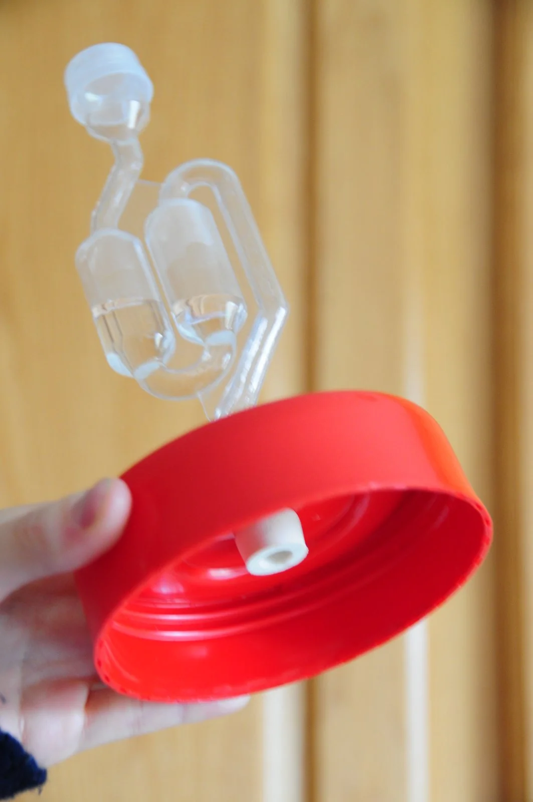 Close up of the Airlock in the cap - you just stick it into the hole you've drilled. Should squeeze right in.