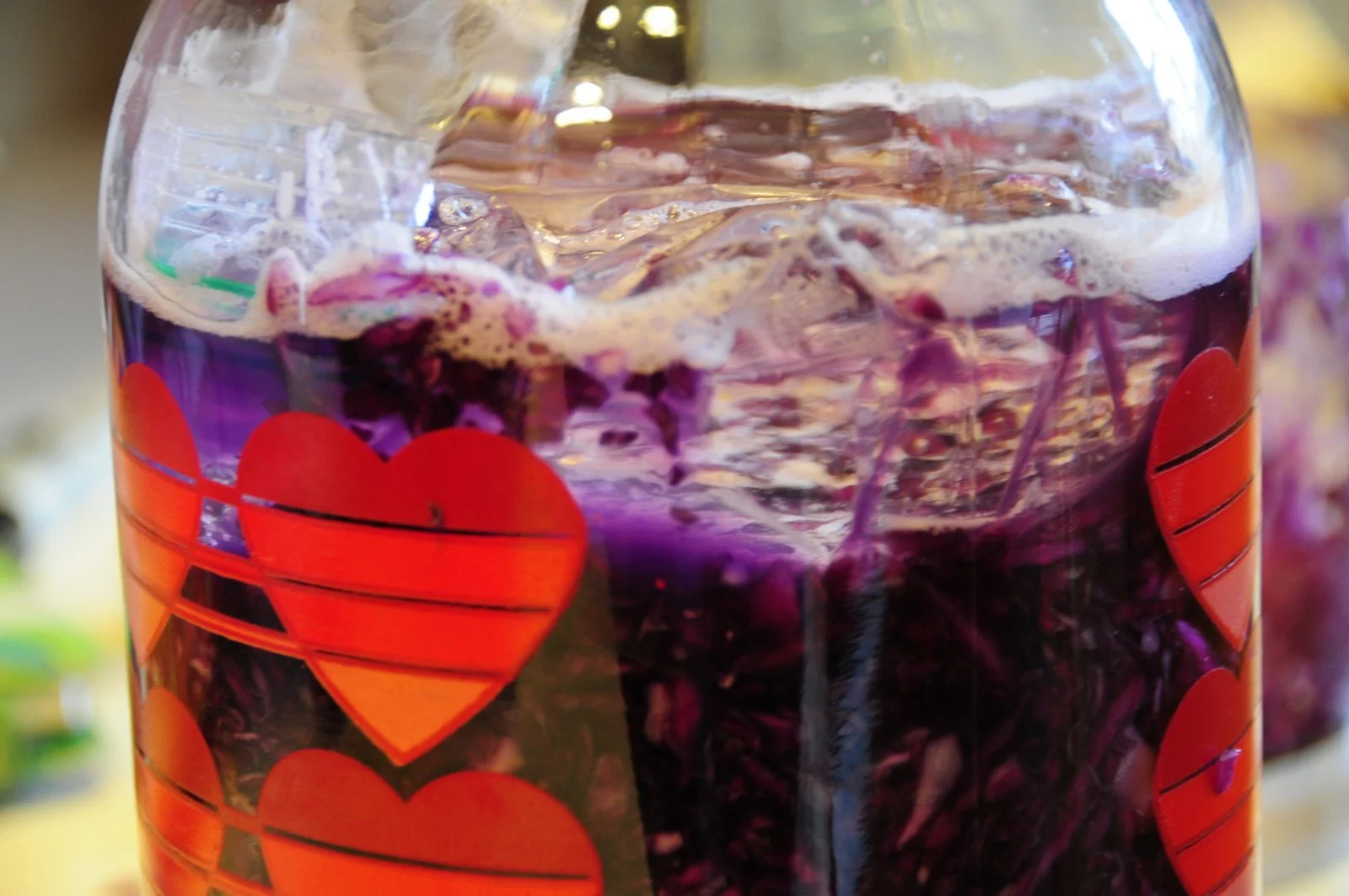 This is a close up to show you how the plastic baggy full of salty water acts as a seal to protect the cabbage from air. This is so that nothing weird starts growing on your sauerkraut!