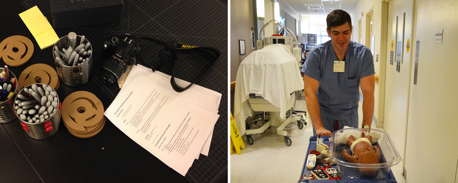Left: Our research protocol and camera are ready to go. Right: Will Harris pushes our borrowed cart to display prototypes throughout the NICU at Brigham and Women’s Hospital.