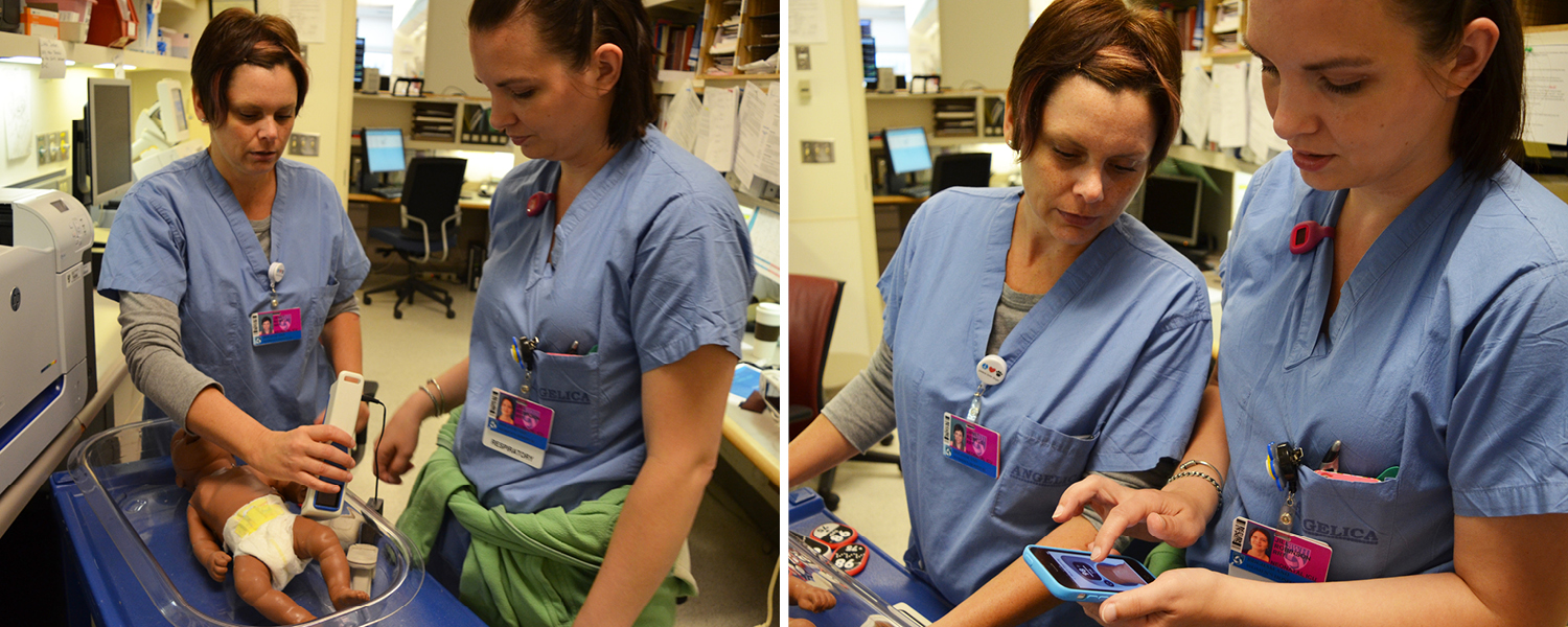 Respiratory Therapists Janet Rowell and Jill Robinson try the student prototype and dream about adding a timer to help them count newborn breath rate.