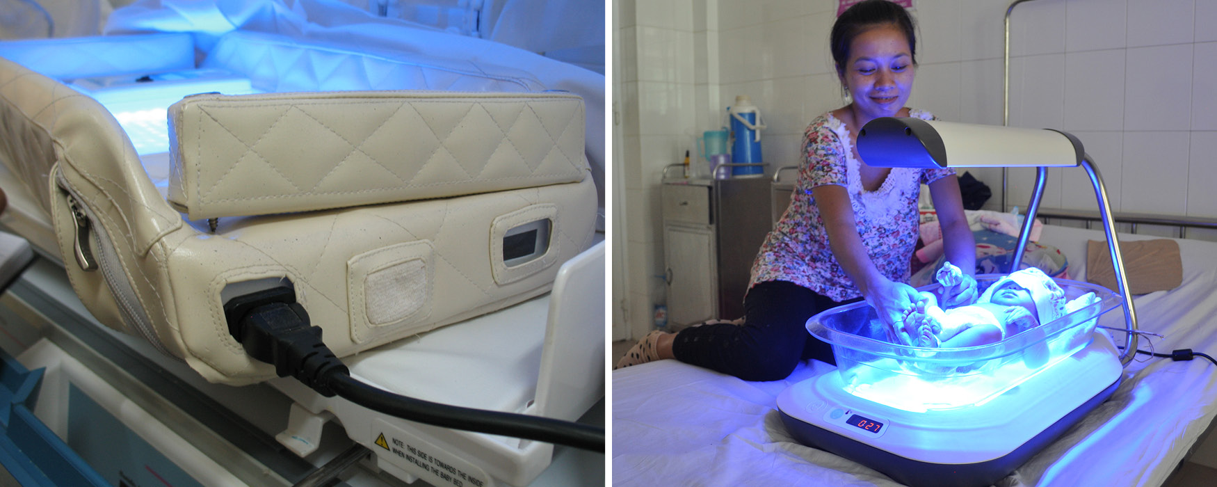 Left: Healthcare providers didn’t trust Moms to be alone with the Bilibed prototype. Right: Healthcare providers ask to put the more durable and easy to use Firefly in the room with mom.