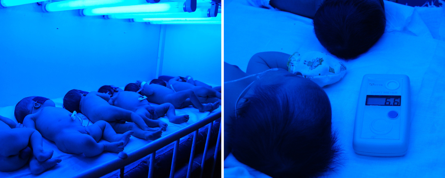 Luciano Moccia of East Meets West Foundation measures 6.6 μW/cm2/nm irradiance from an overhead halogen bulb phototherapy device in Myanmar. A level of 10 μW/cm2 per nm provides minimal effective phototherapy, while 30 μW/cm2 per nm is intensive level required to treat severe jaundice. Firefly provides 34 μW/cm2/nm from the bottom and 23 μW/cm2/nm from the top. Photo courtesy East Meets West Foundation.