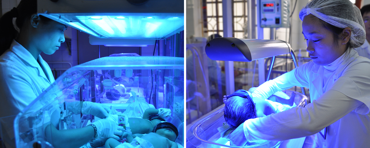 Left: Two infants share an incubator while receiving phototherapy from an overhead lamp. Right: A nurse places a newborn into Firefly. 