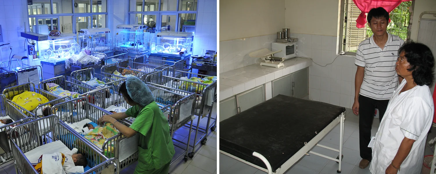 Left: One of nine rooms with 150 newborns at the Neonatal Intensive Care Unit in National OBGYN Hospital, Vietnam. Right: A midwife shows all the equipment she possesses at Tonlebaty, a rural clinic in Cambodia.