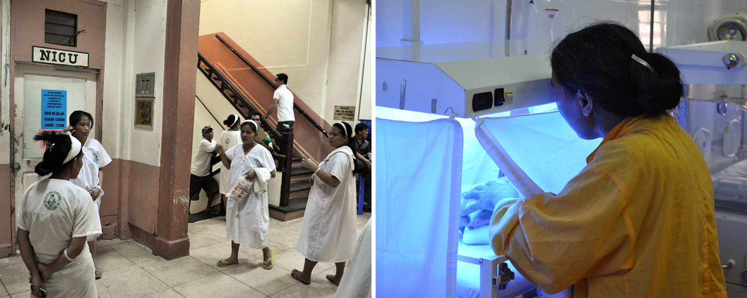 Left: Mothers who have recently received c-sections wait outside the Neonatal Intensive Care Unit to breastfeed their babies at Philippines General Hospital. Right: A mother who has recently given birth stands to comfort her baby who receiving overhead phototherapy in Vietnam.