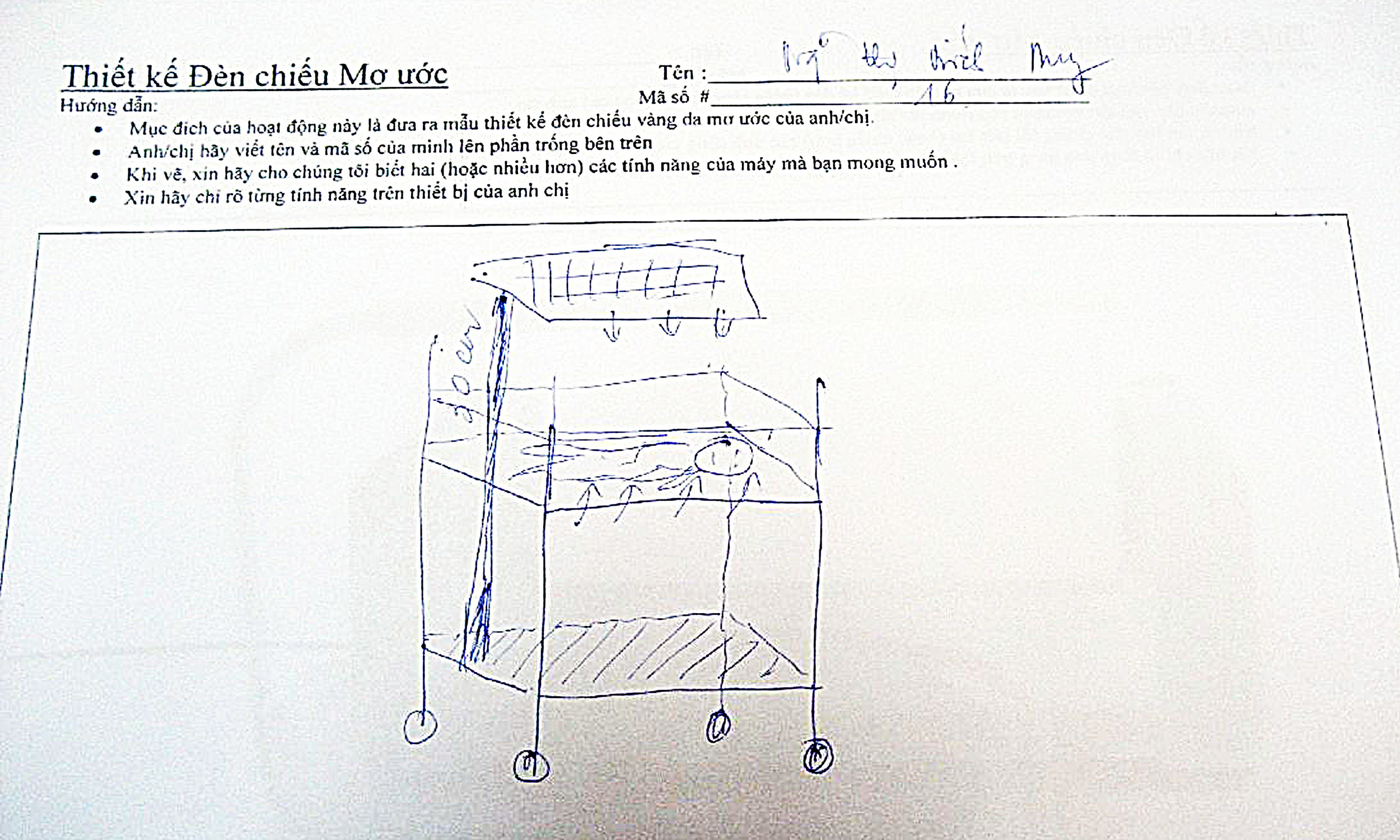 At the East Meets West Foundation Jaundice Conference, a Vietnamese healthcare provider draws their dream phototherapy device with light from the top and bottom.