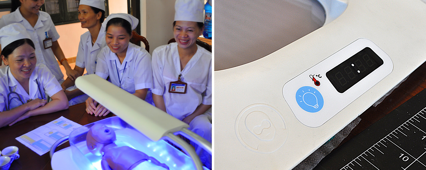 Left: Healthcare providers in Vietnam consider an array of different button option on paper. Right: The resulting simple, one-button Firefly control panel.