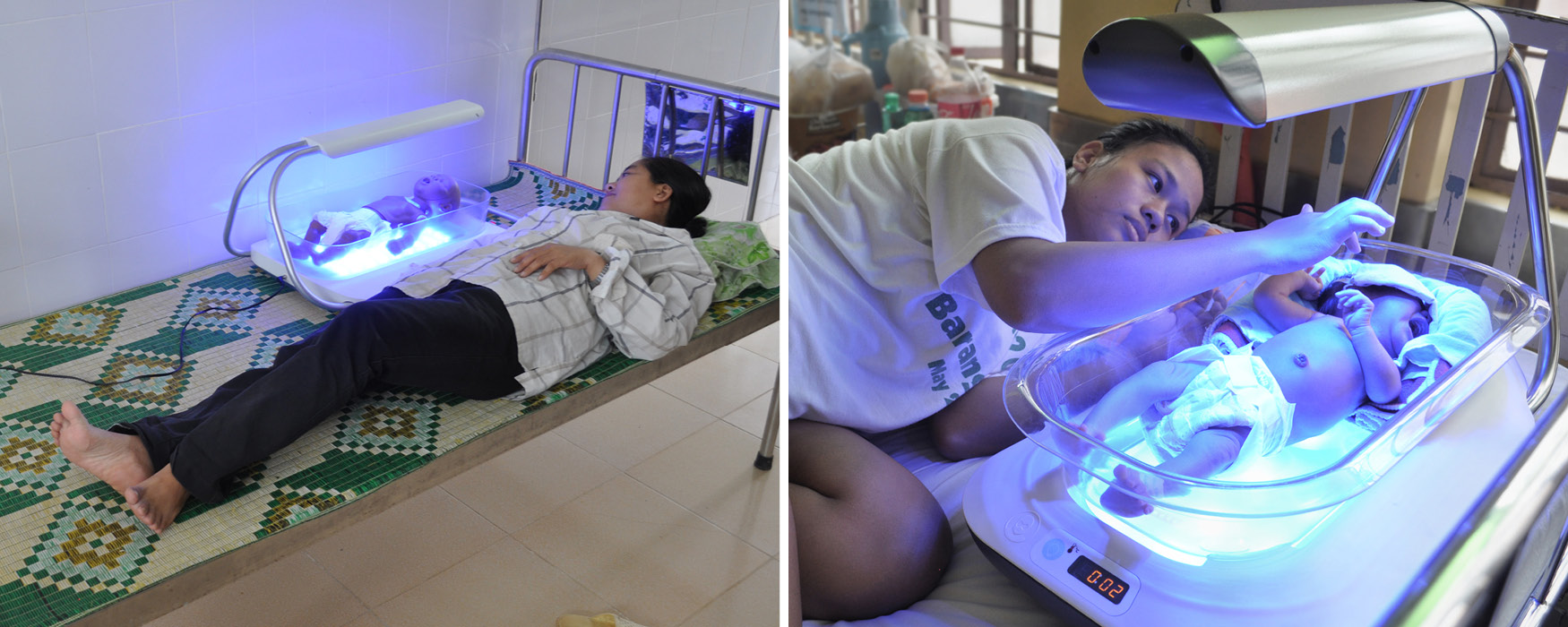 Left: A mother provides positive feedback while lying next to the Firefly alpha prototype in bed with the light turned on. Right: In the Philippines, the first mother and baby benefit from treatment in mom’s room.