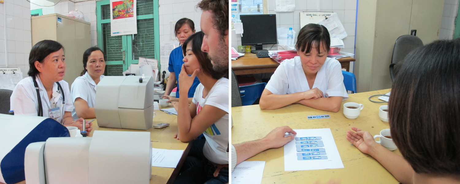 MTTS and East Meets West staff interview healthcare providers in Vietnam about CPAP using rapidly-created form models and paper print-outs of buttons. Images courtesy MTTS.
