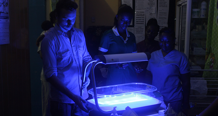 Michael O’Brien introduces Firefly to the doctors and nurses of Nsawam District Hospital. Photo courtesy Thrive Networks.