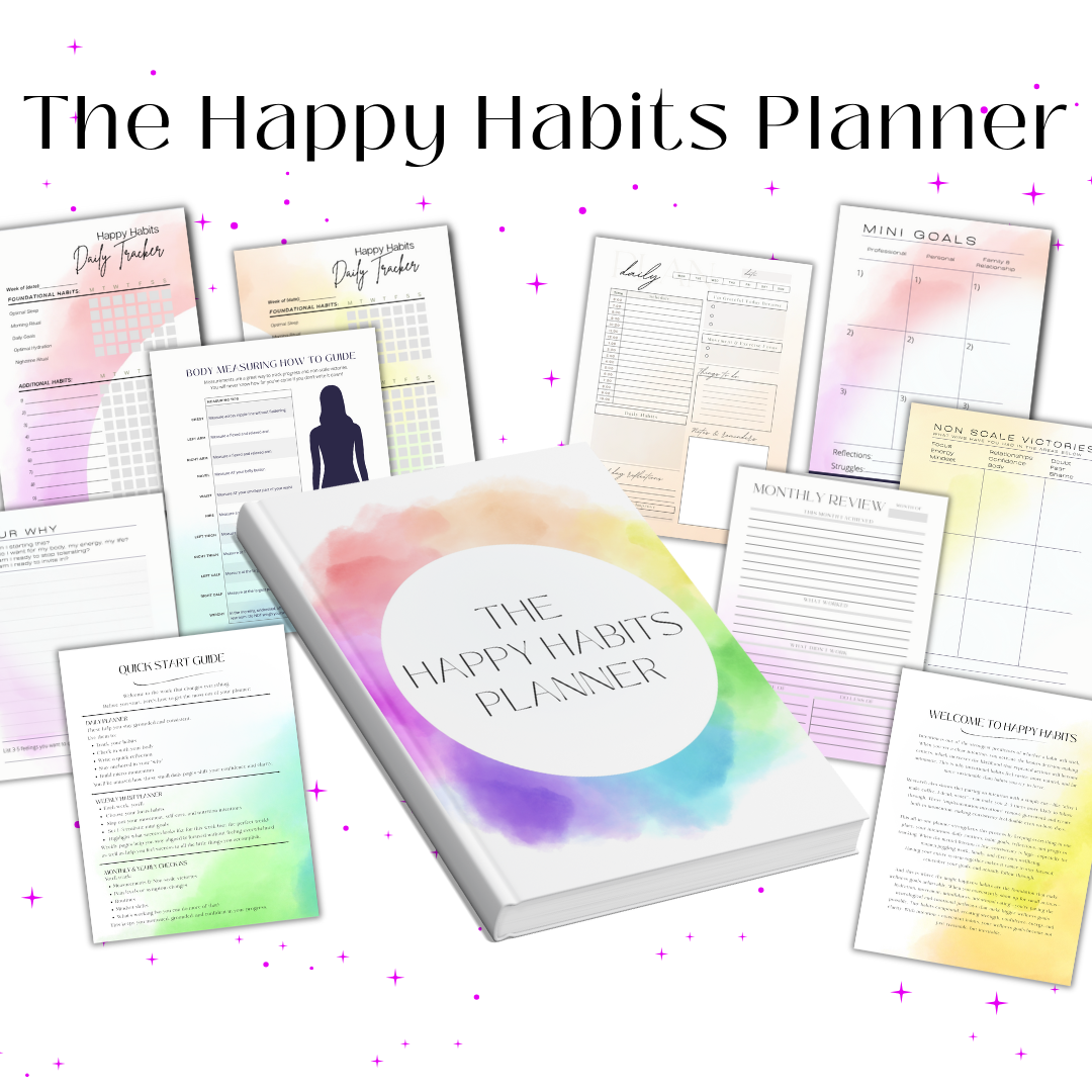 A colorful planner titled "The Happy Habits Planner" surrounded by various pages and inserts, including goal trackers, monthly reviews, and guides.