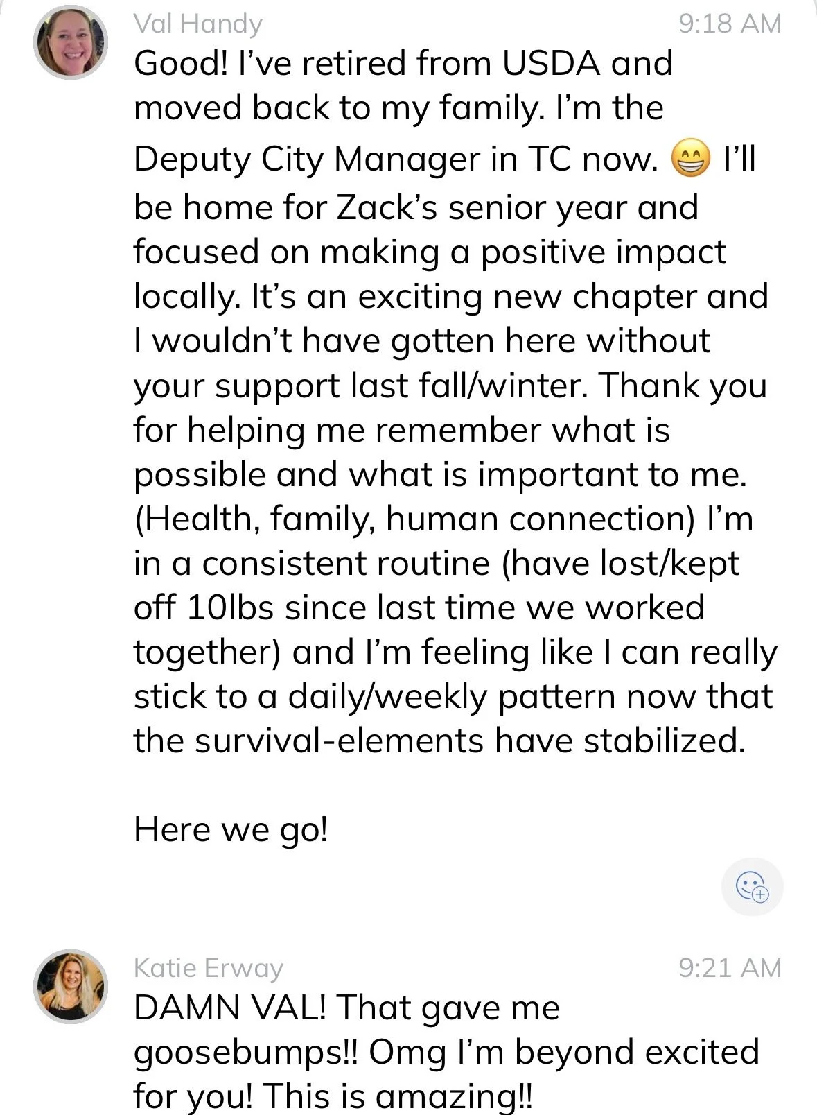 Screenshots of a messaging conversation with Val Handy and Katie Erway discussing Val's retirement, new role, and health journey.
