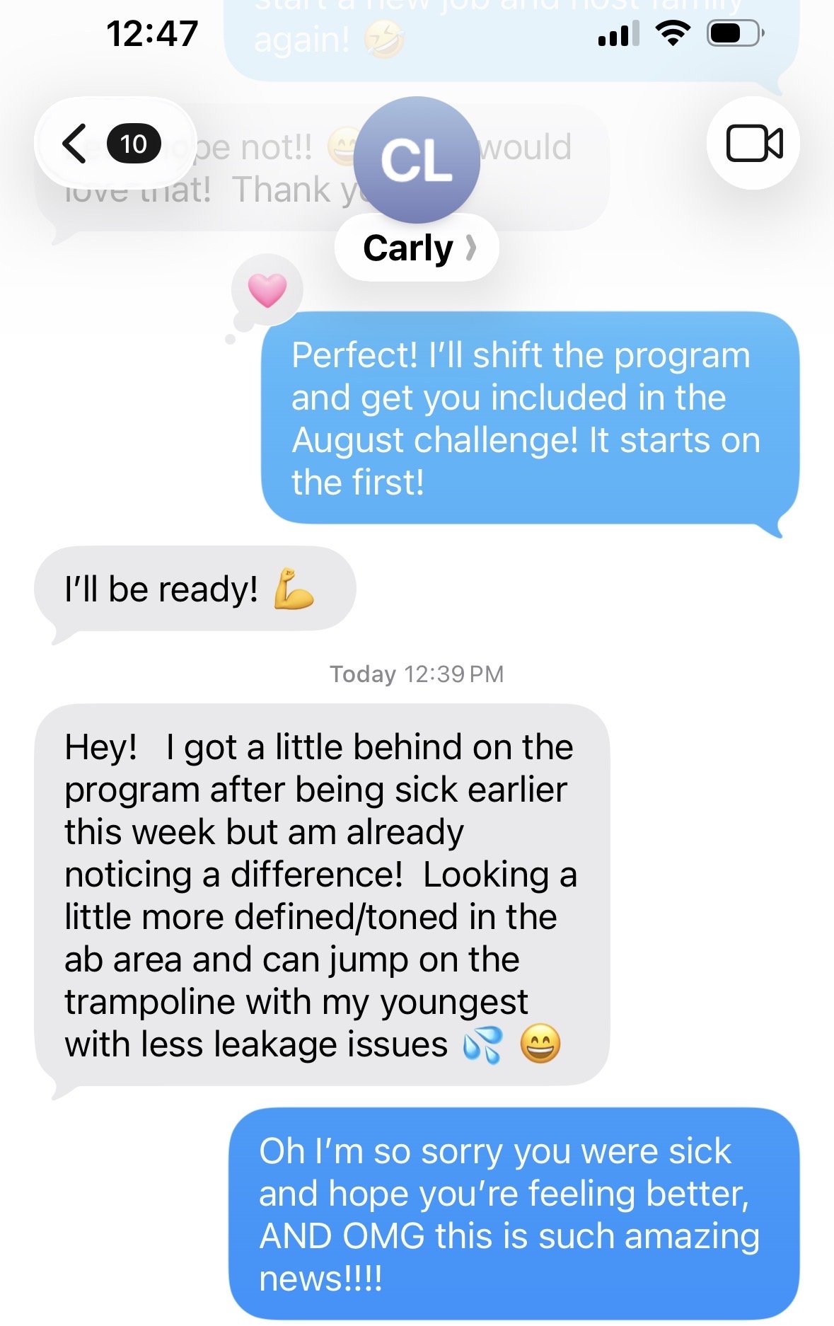 A screenshot of a text message conversation on a smartphone. The conversation includes messages about a health or fitness program, with updates on progress, and a message expressing excitement about positive news.