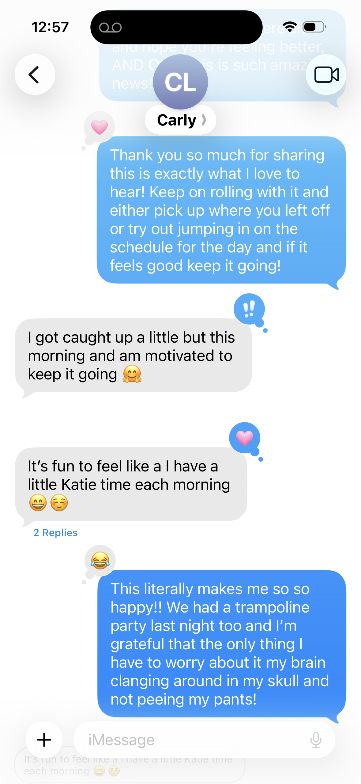 Screenshots of a text message conversation about workout motivation and a trampoline party.