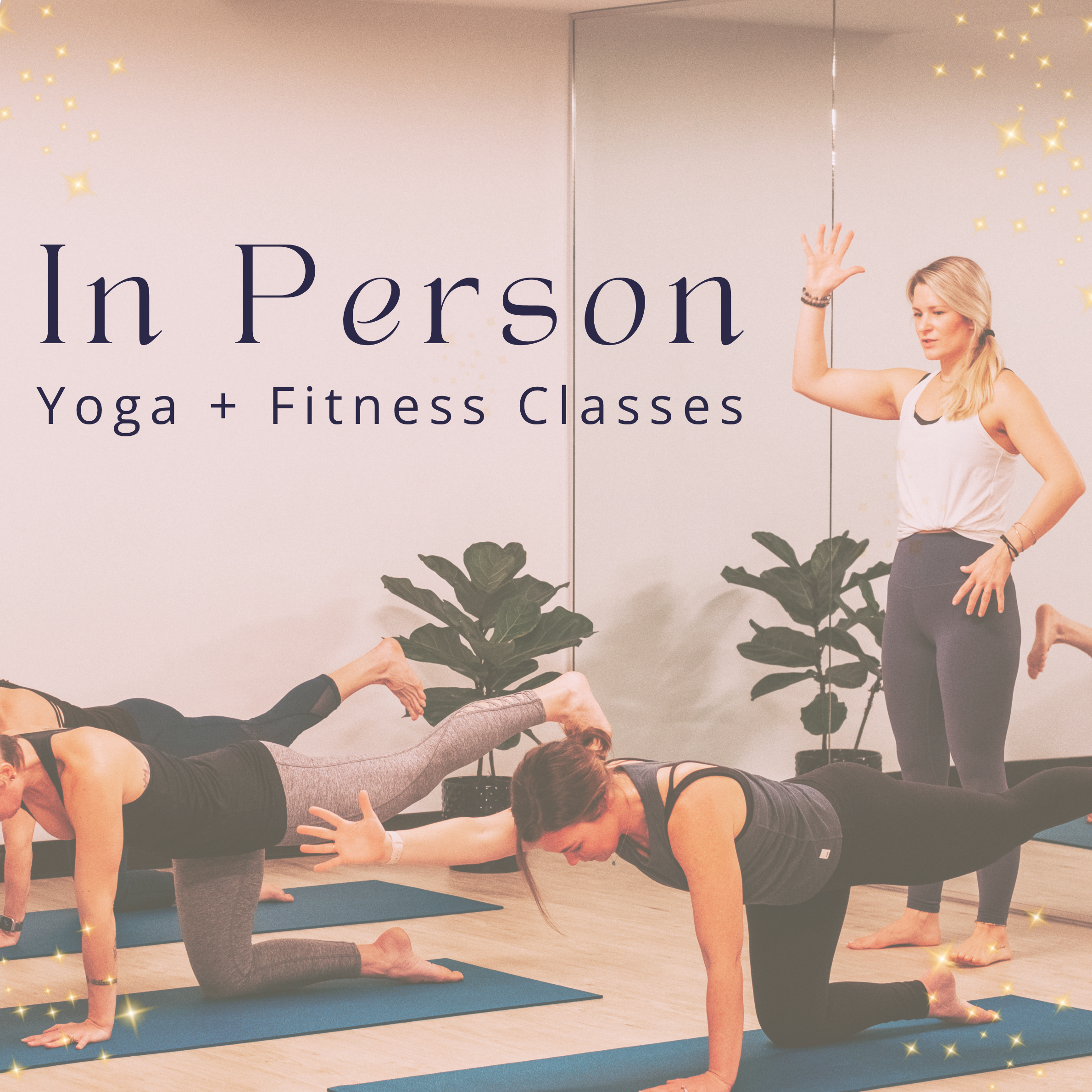 A split image showing a woman smiling with TRX suspension training straps on the left and a woman doing a yoga pose with hands together on the right. Text overlays read "Live Classes," "TRX Classes," and "Yoga Classes."