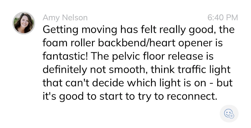 Text message from Amy Nelson discussing feeling good about moving, using foam roller backbend, pelvis floor release; mentions traffic light signals