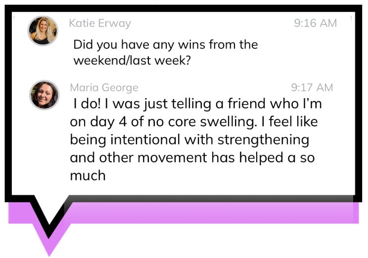 A digital chat conversation screenshot showing messages between Katie Erway and Maria George about exercise progress, with timestamps 9:16 AM and 9:17 AM.