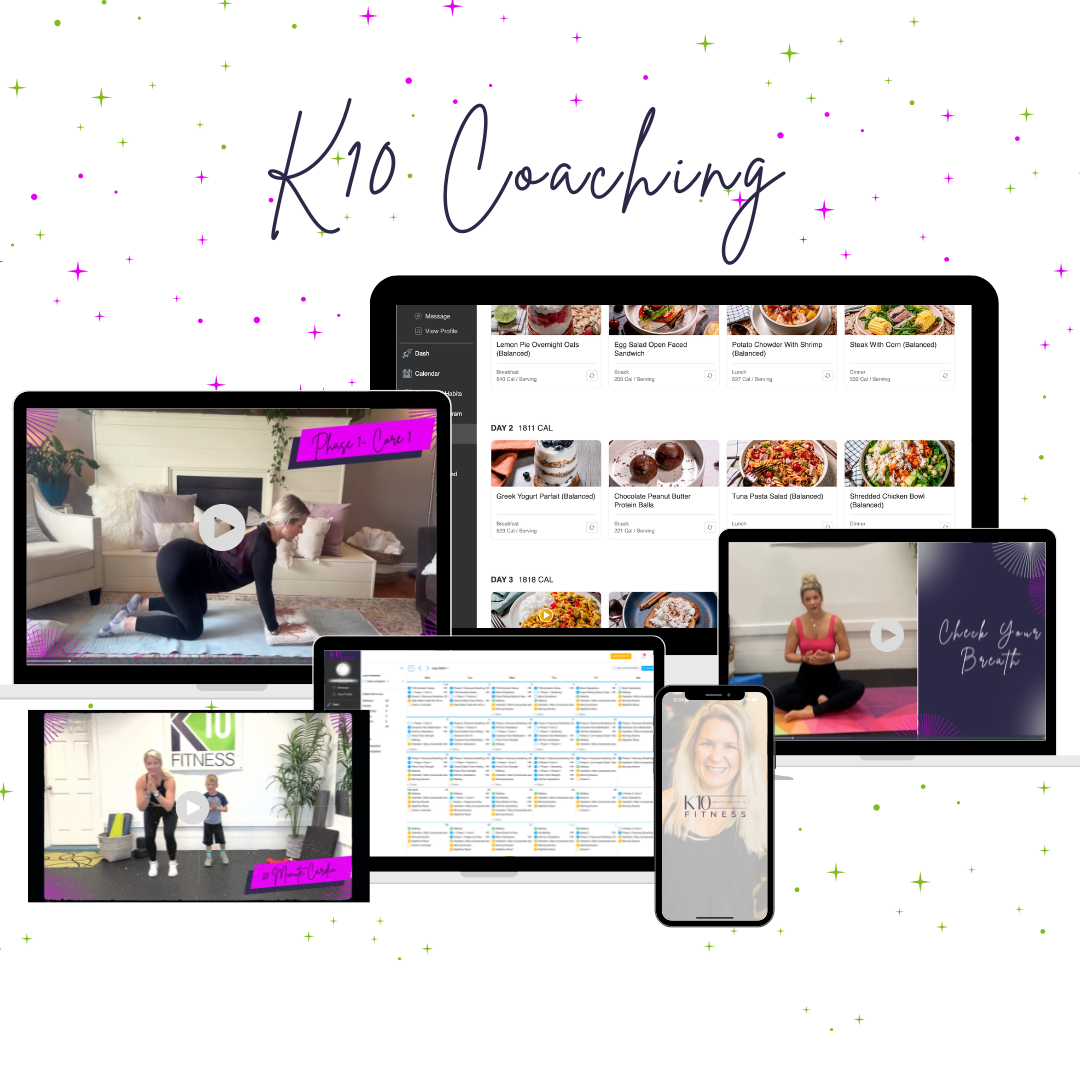 A promotional image for K10 Fitness coaching featuring multiple screens with workout videos, meal plans, and coaching schedules. The background has green and purple sparkles, with overlay text highlighting 24/7 personalized coaching with the K10 Fitness app, including customizable lifestyle, fitness, and nutrition guidance.