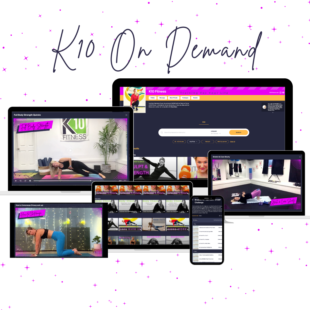 Digital advertisement for K10 On Demand Fitness library showing multiple screens with workout videos and a search bar, emphasizing accessibility and flexibility for home workouts.