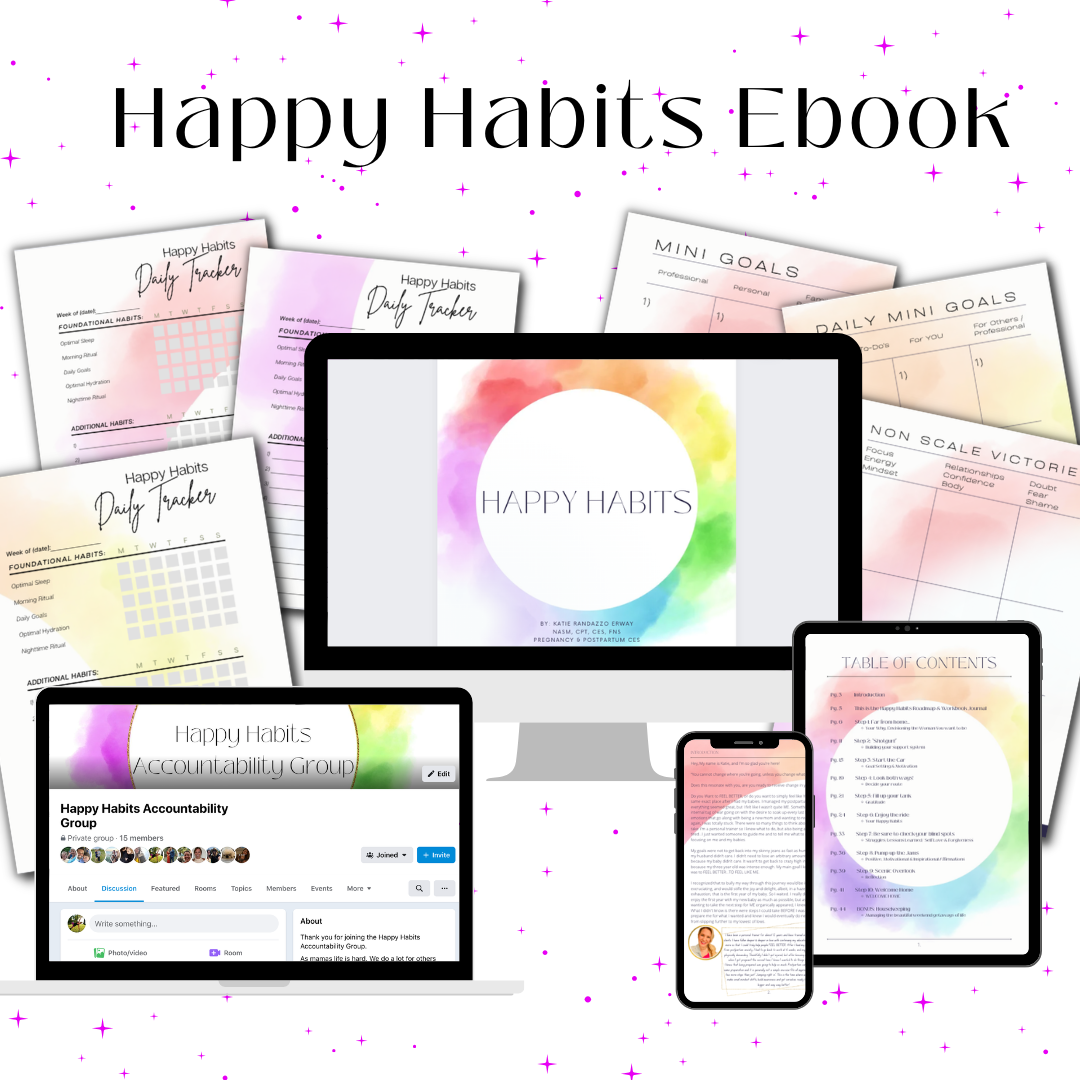 Image showing digital and printable materials for the Happy Habits Ebook, including trackers, goal sheets, and a tablet, with colorful watercolor backgrounds and starry accents, promoting postpartum well-being.