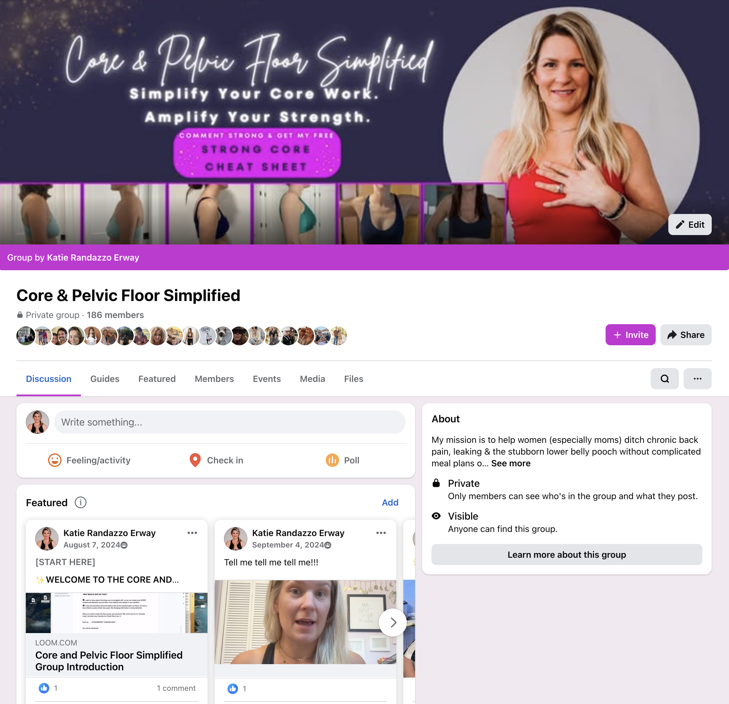 Screenshot of a Facebook group page titled 'Core & Pelvic Floor Simplified' with a woman speaking in a video at the bottom of the page. The group has 186 members and includes discussion, guides, features, and events sections. The group description mentions helping women, especially moms, with chronic back pain, leaking, and stubborn lower belly pooch. There is a pink invitation button and a share button on the page.
