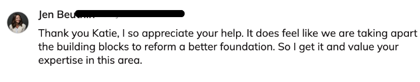 Screenshot of a text message from Jen Beur thanking Katie for her help with building blocks and foundation work.