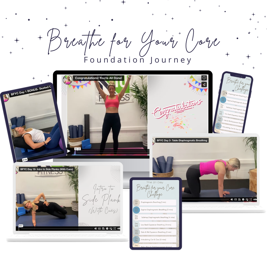 Collage of images showing a 21-day core and breathing exercise challenge, including women performing yoga and breathing exercises, a screen with daily instructions, and congratulatory messages.